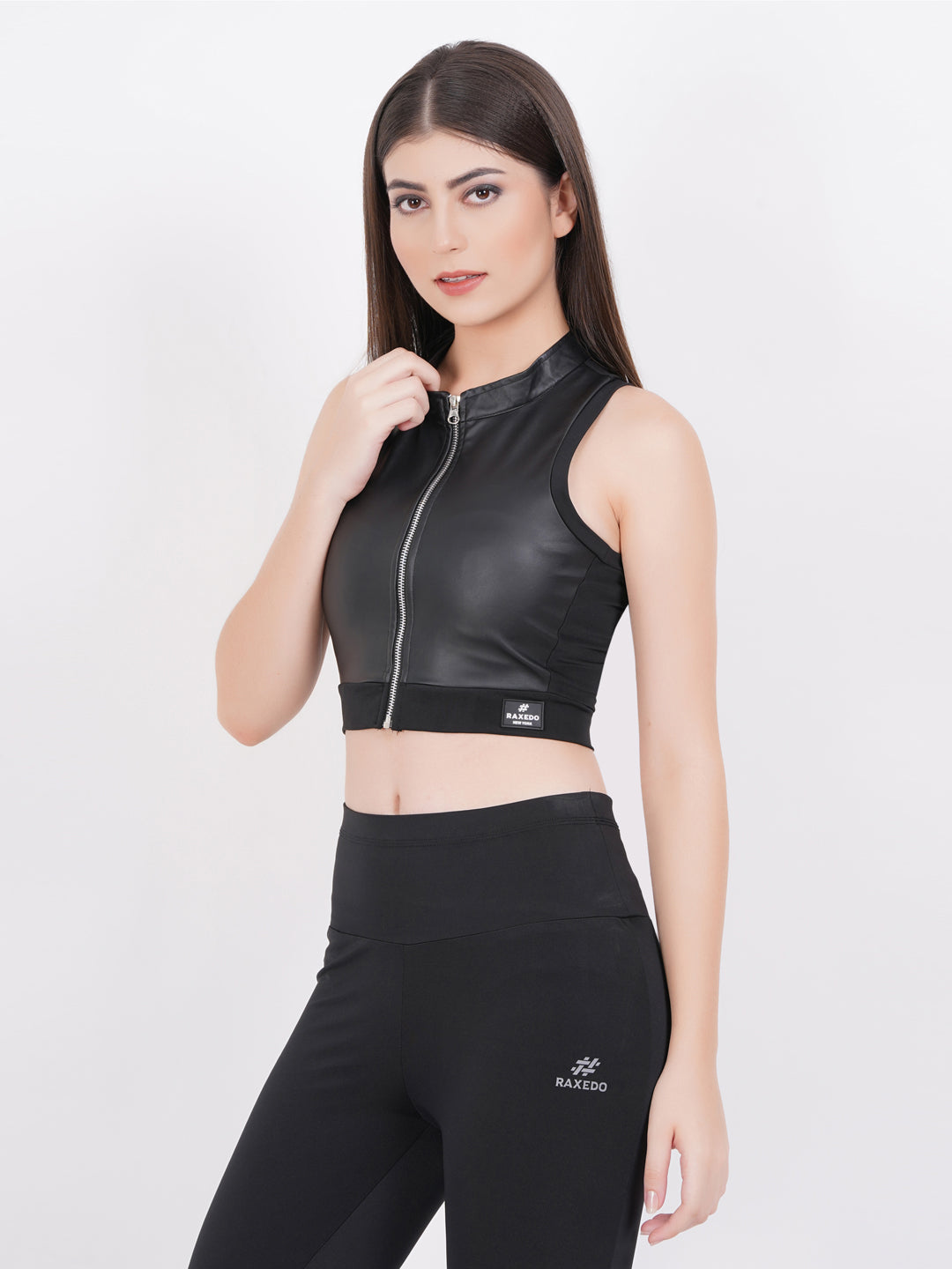 Buy Black leather Patch Sports Bra for Women Online – RAXEDO
